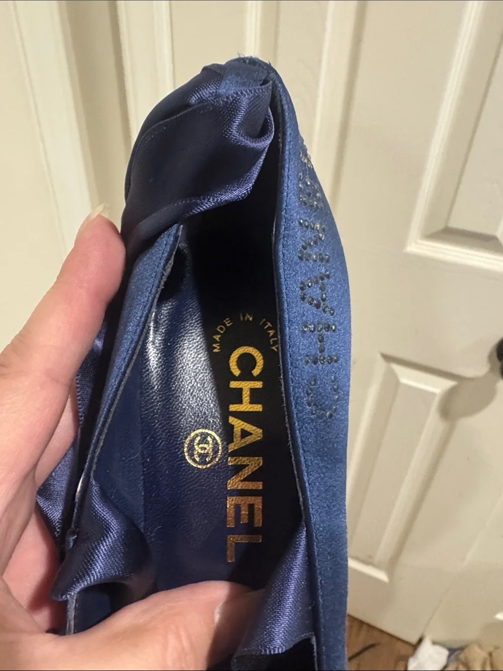 CHANEL/Navy Satin Ballet Tie Up The Ankle/4” Heels/NEVER WORN! VINTAGE! US 6.5!